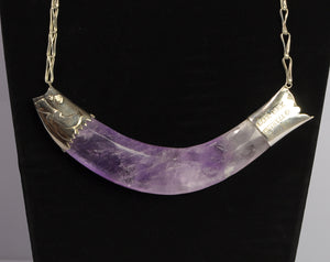 Amethyst Pendant Necklace Silver Carved Fish